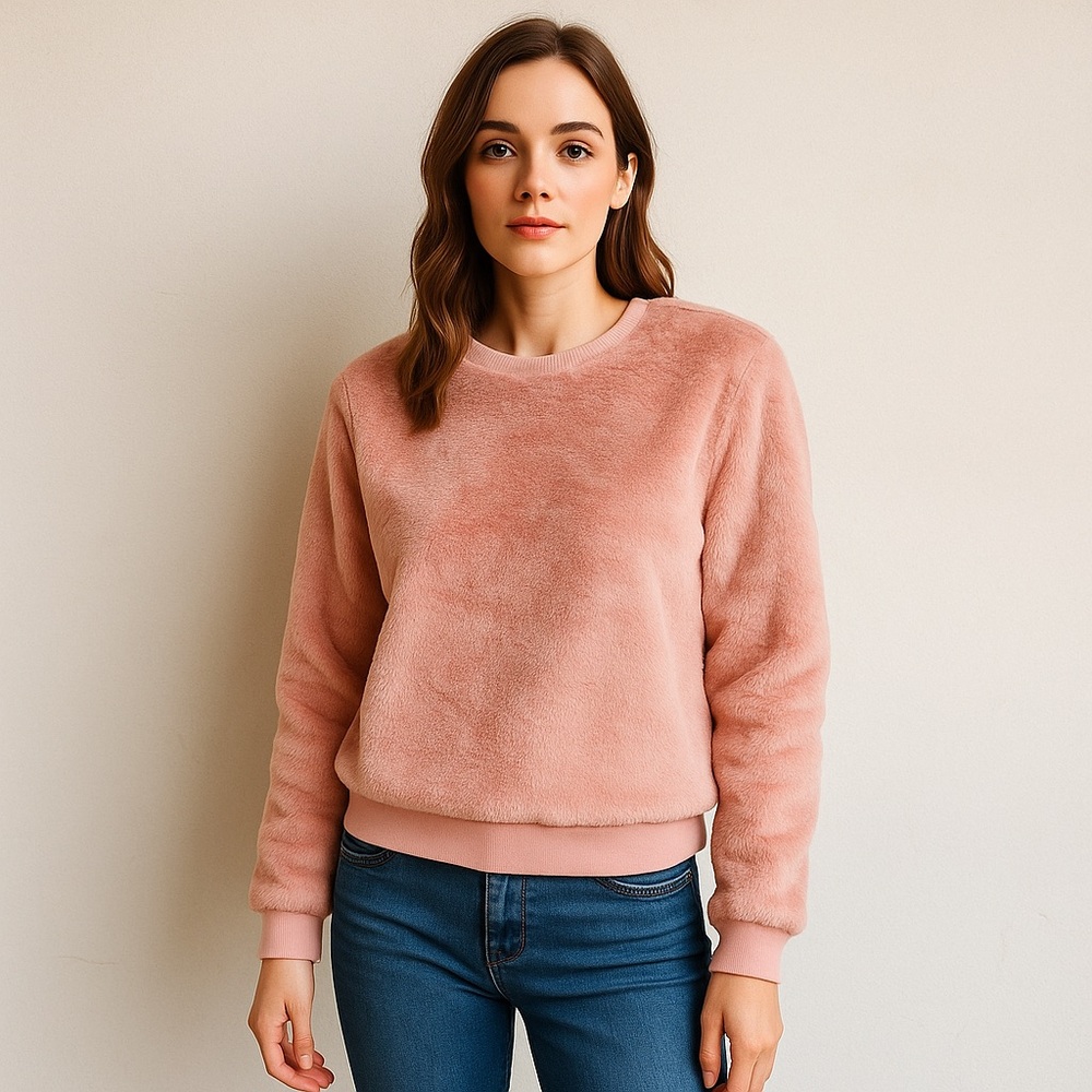 Fashion Nova NEW Pink Faux Fur Crewneck Sweatshirt  Cozy Soft Size M